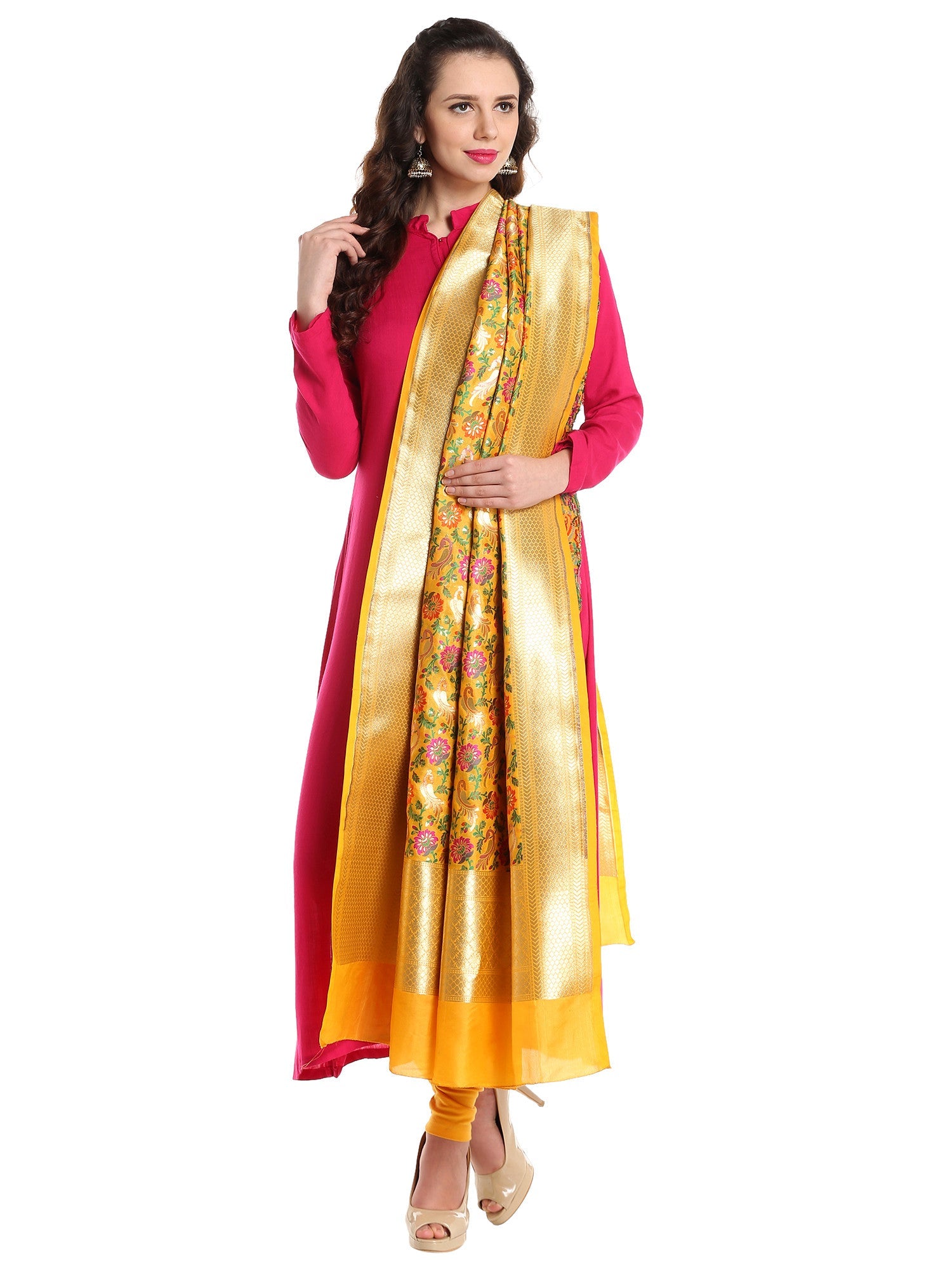 Dupatta Bazaar Women's Pure Benarasi Woven Katan Silk Mustard, Gold & Multicoloured dupatta - Dupatta Bazaar