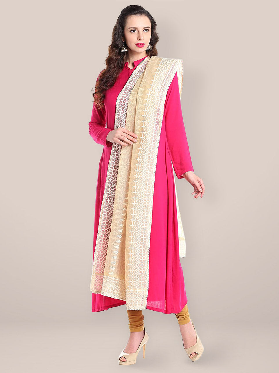 Ivory Kota Doria Lucknowi Dupatta freeshipping - Dupatta Bazaar