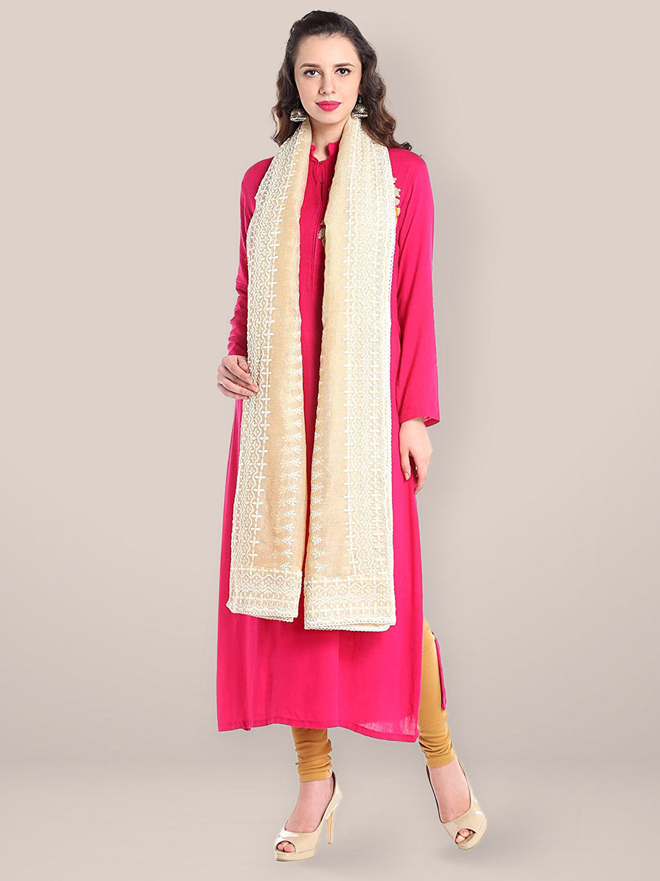 Ivory Kota Doria Lucknowi Dupatta freeshipping - Dupatta Bazaar