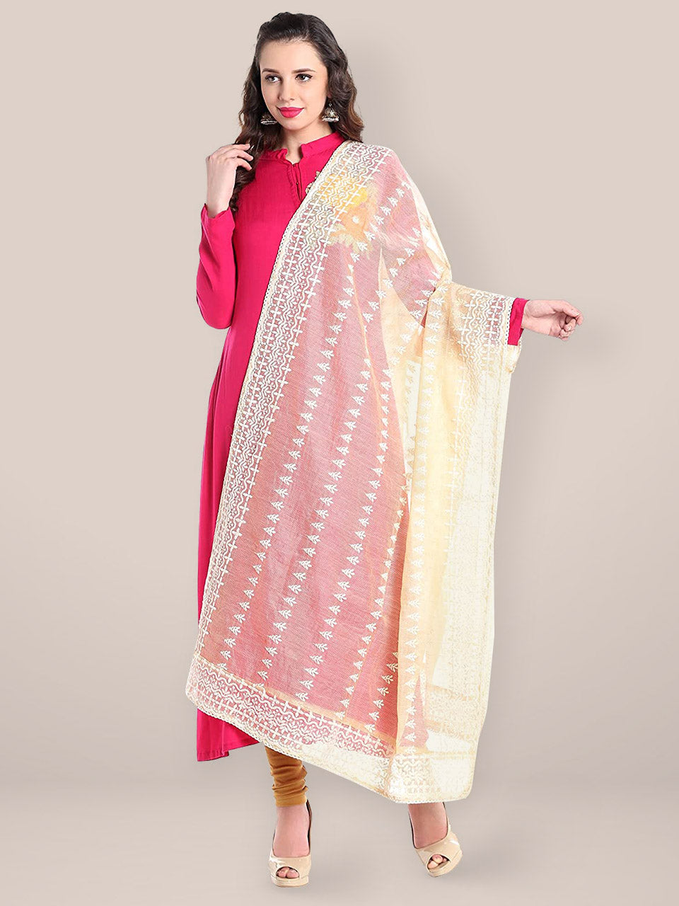 Ivory Kota Doria Lucknowi Dupatta freeshipping - Dupatta Bazaar
