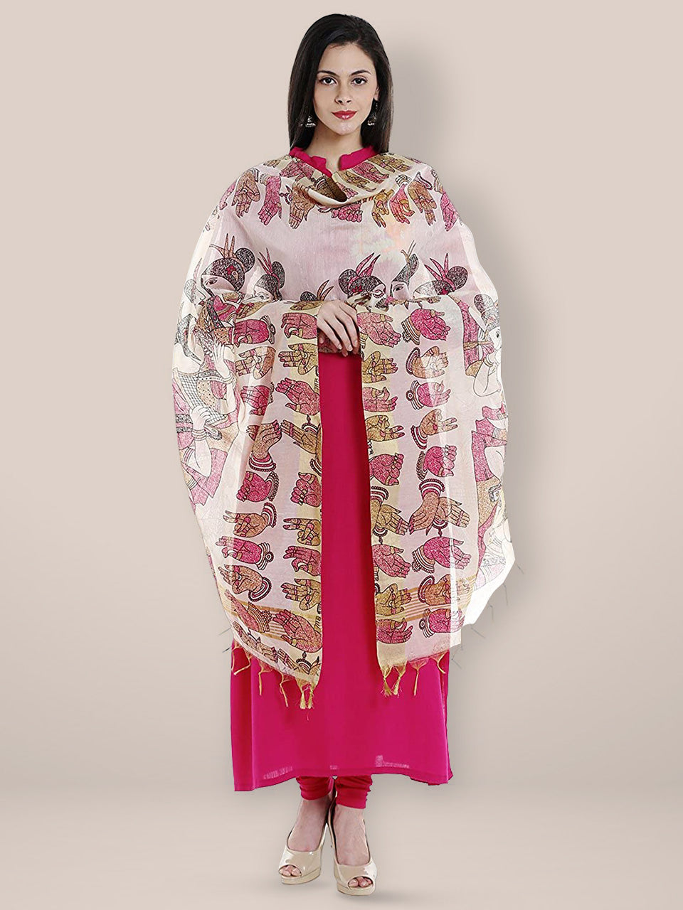 Pink  Cotton Silk Printed Dupatta freeshipping - Dupatta Bazaar