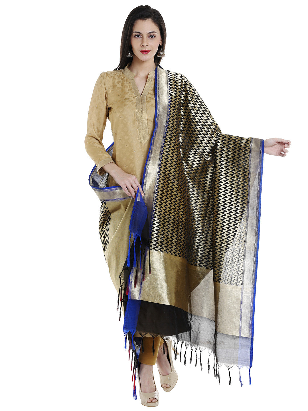 Dupatta Bazaar Woman's Black & Gold Woven Banarasi Silk Dupatta - Dupatta Bazaar
