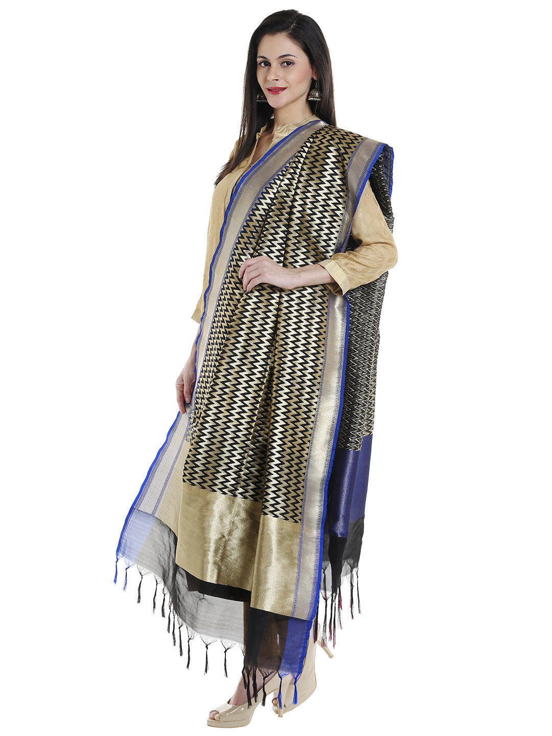 Dupatta Bazaar Woman's Black & Gold Woven Banarasi Silk Dupatta - Dupatta Bazaar