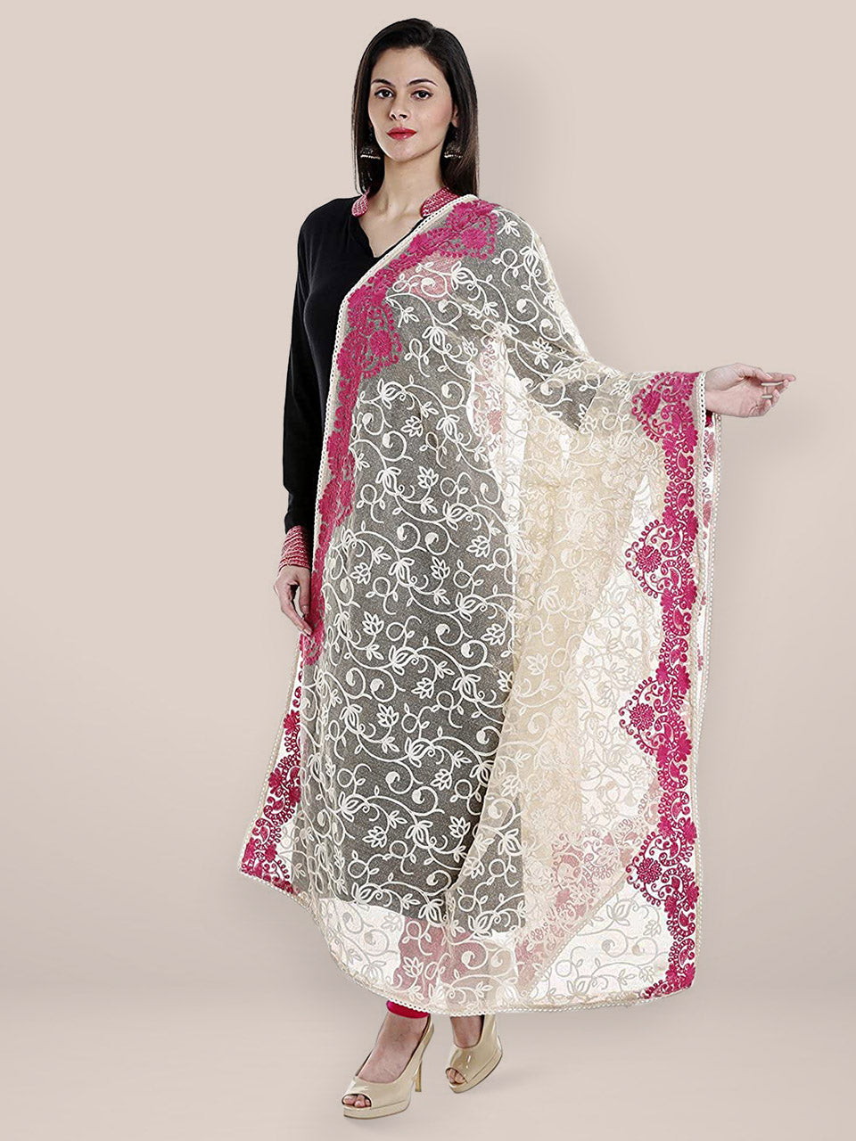 Ivory & Pink Cotton Embroidered  Net Dupatta freeshipping - Dupatta Bazaar