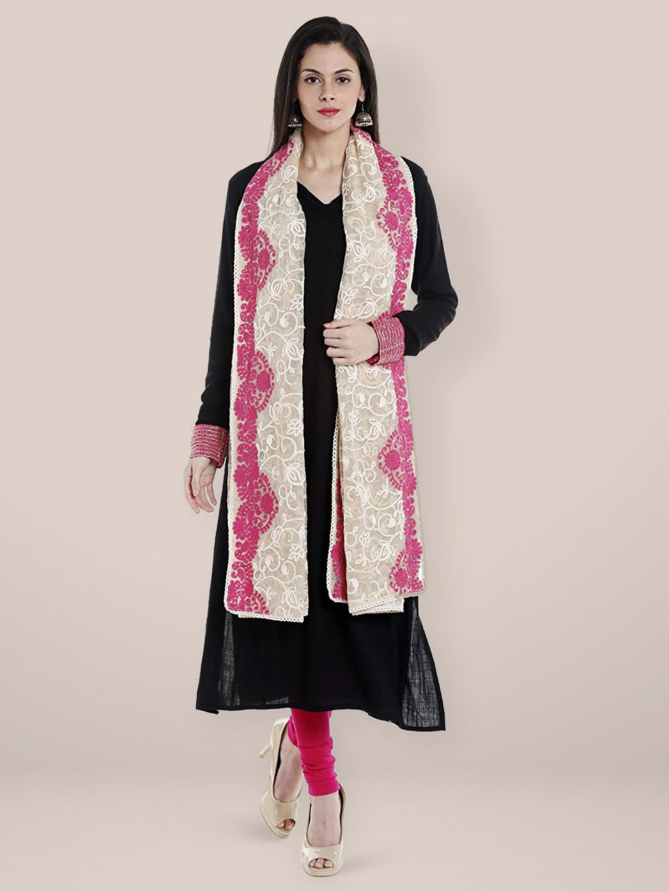 Ivory & Pink Cotton Embroidered  Net Dupatta freeshipping - Dupatta Bazaar
