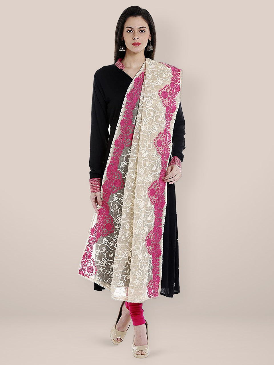 Ivory & Pink Cotton Embroidered  Net Dupatta freeshipping - Dupatta Bazaar