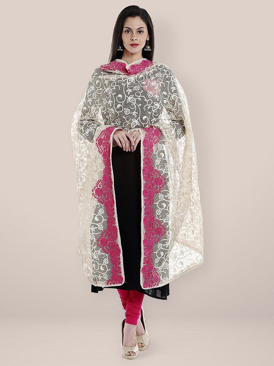Ivory & Pink Cotton Embroidered  Net Dupatta freeshipping - Dupatta Bazaar