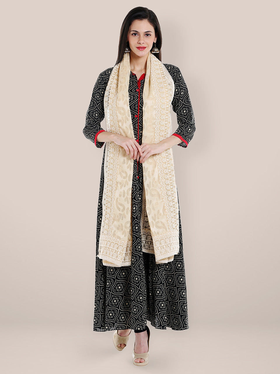 Off White Embroidered  Dupatta freeshipping - Dupatta Bazaar