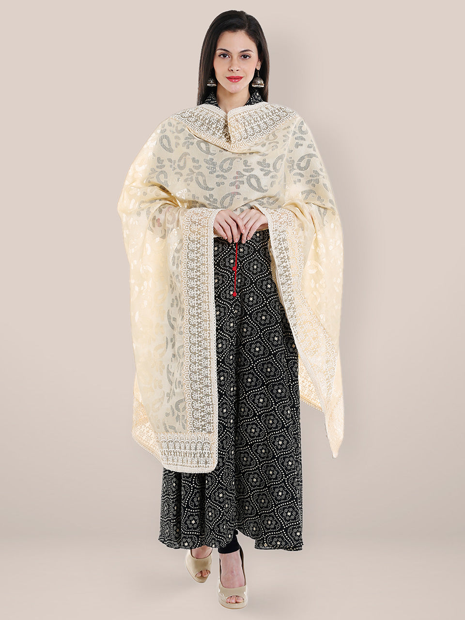 Off White Embroidered  Dupatta freeshipping - Dupatta Bazaar