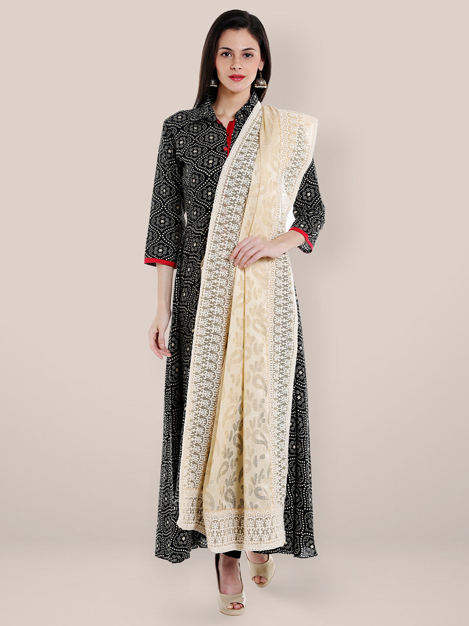 Off White Embroidered  Dupatta freeshipping - Dupatta Bazaar