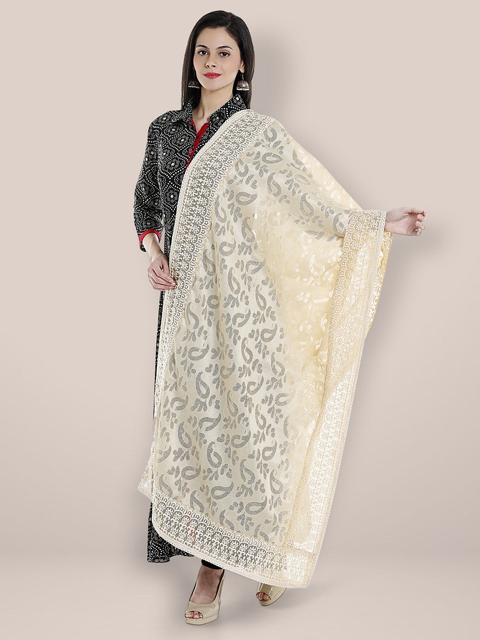 Off White Embroidered  Dupatta freeshipping - Dupatta Bazaar
