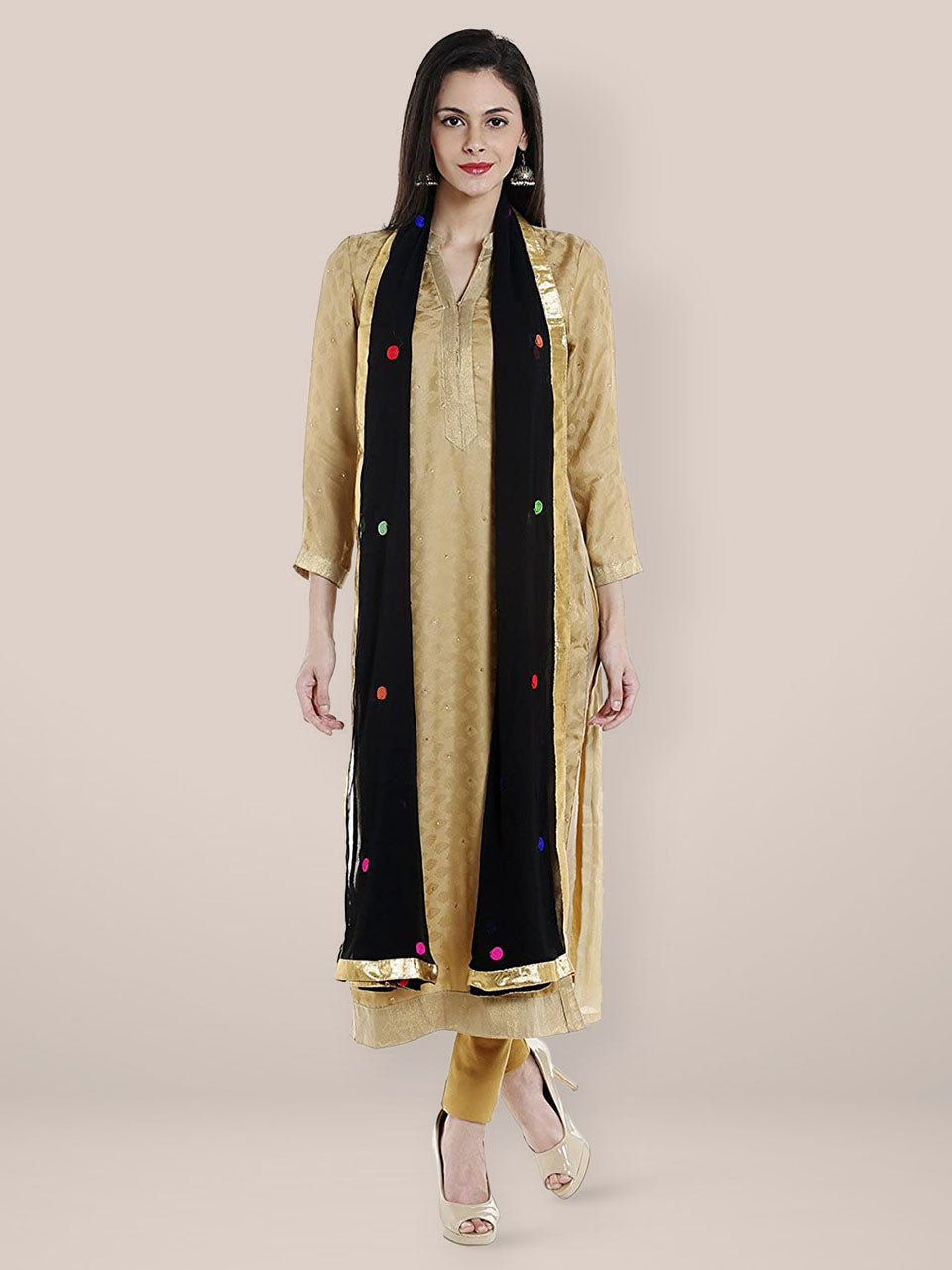 Black Chiffon Dupatta with Multicoloured Embroidery. freeshipping - Dupatta Bazaar