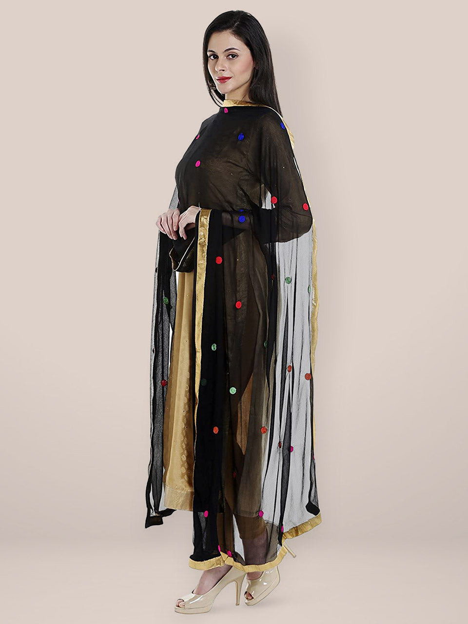 Black Chiffon Dupatta with Multicoloured Embroidery. freeshipping - Dupatta Bazaar
