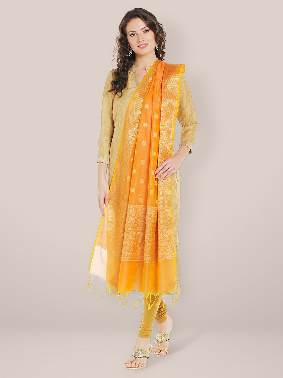 Banarasi Silk Woven Orange & Gold dupatta freeshipping - Dupatta Bazaar