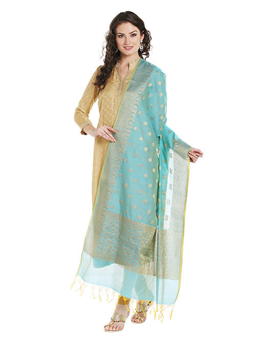 Dupatta Bazaar Women's Benarasi Silk Woven Blue & Gold dupatta - Dupatta Bazaar