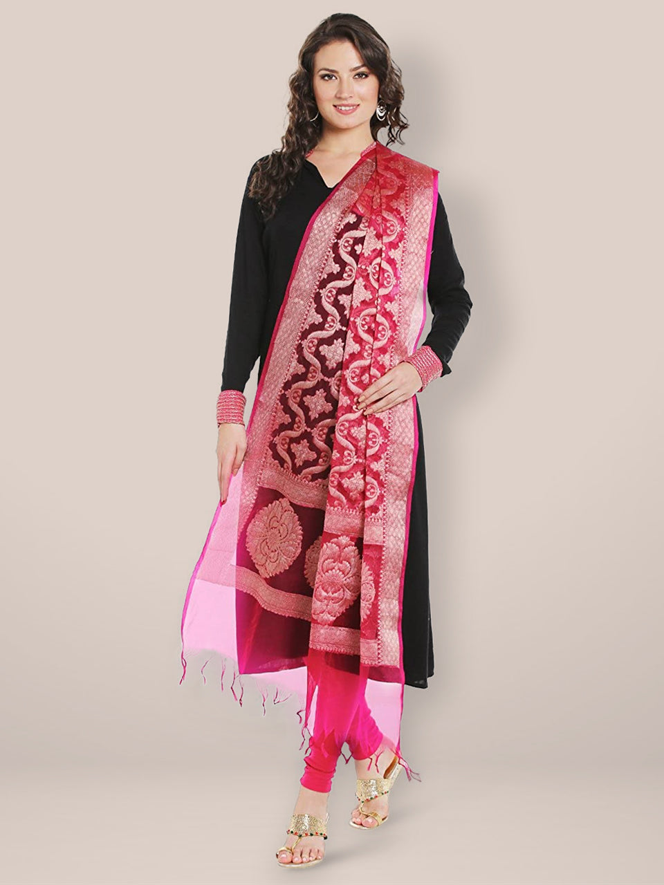 Banarasi Woven Pink & Gold dupatta freeshipping - Dupatta Bazaar