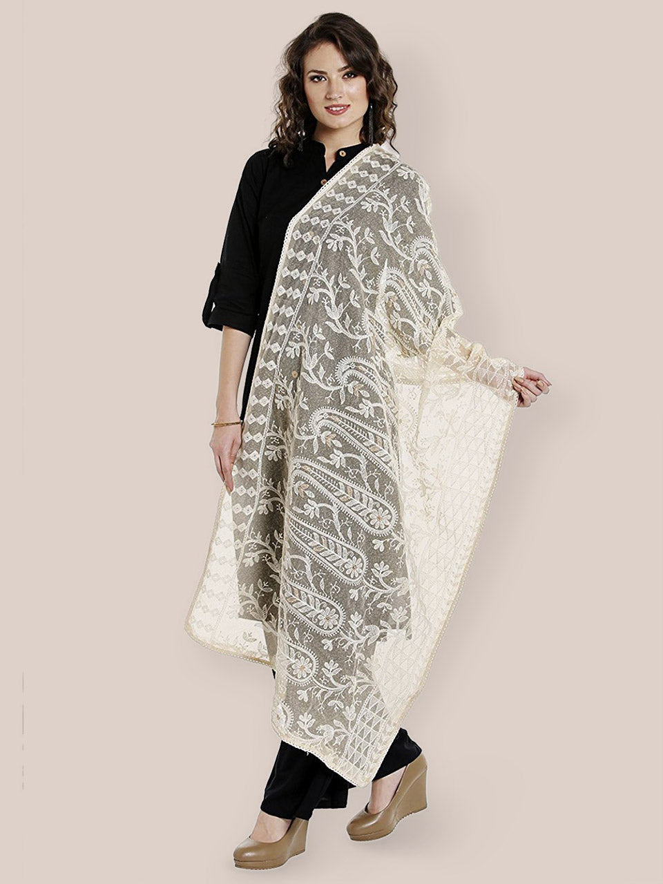 Ivory Cotton dupatta with Lucknowi Embroidery freeshipping - Dupatta Bazaar