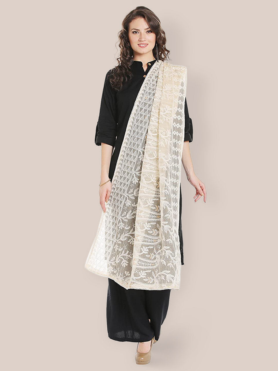 Ivory Cotton dupatta with Lucknowi Embroidery freeshipping - Dupatta Bazaar
