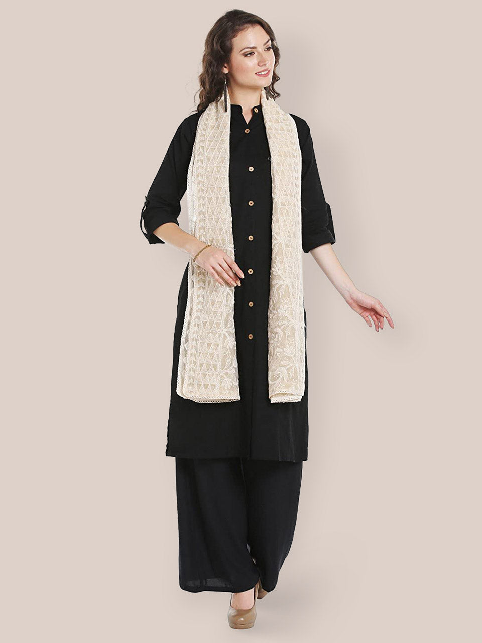 Ivory Cotton dupatta with Lucknowi Embroidery freeshipping - Dupatta Bazaar
