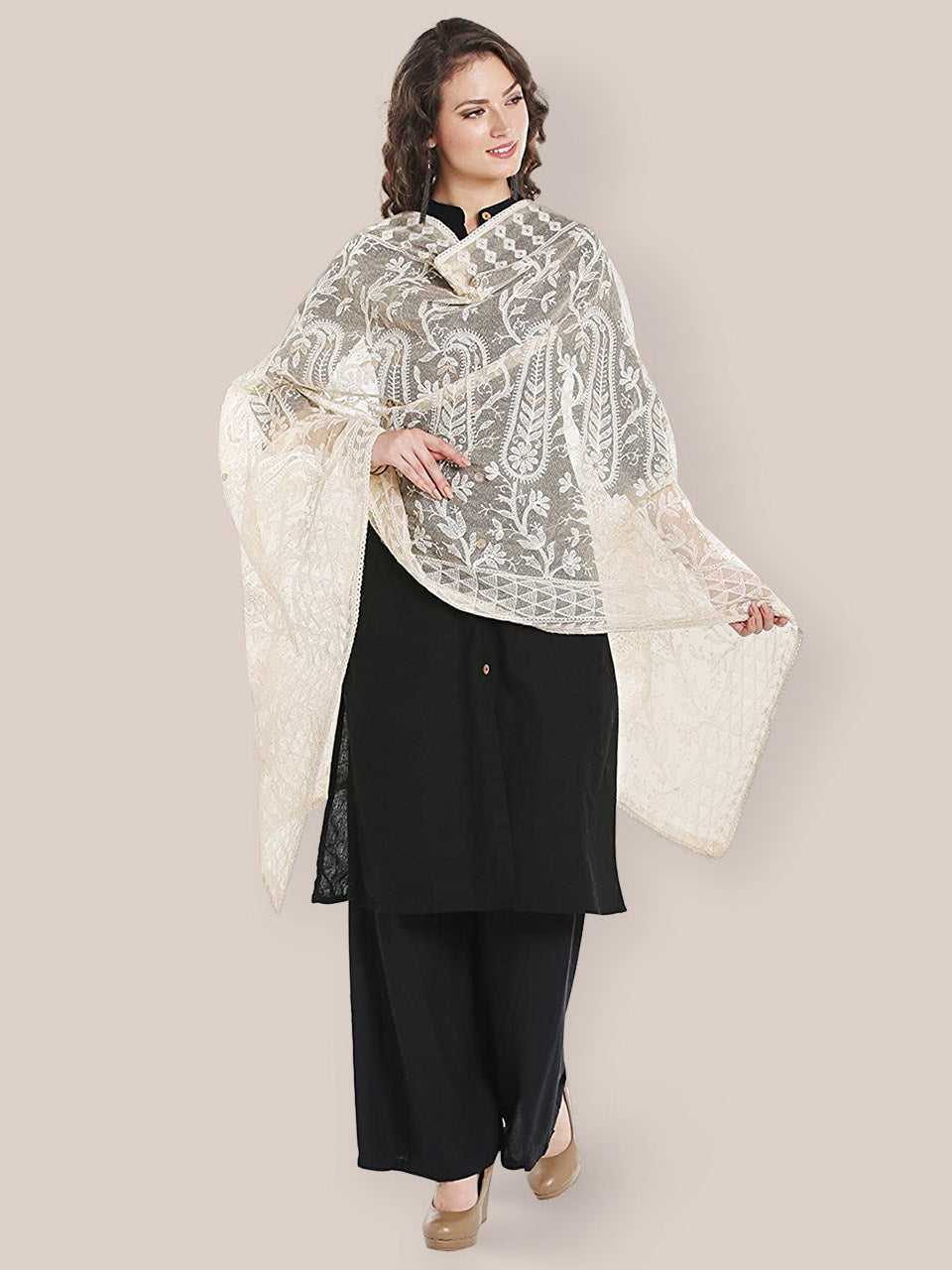 Ivory Cotton dupatta with Lucknowi Embroidery freeshipping - Dupatta Bazaar