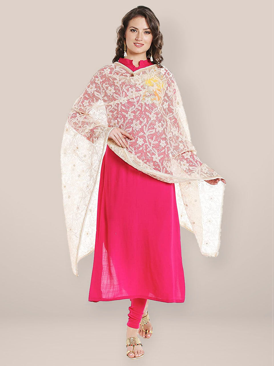 Ivory Cotton dupatta with Lucknowi Embroidery freeshipping - Dupatta Bazaar