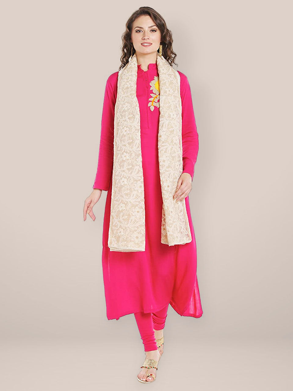 Ivory Cotton dupatta with Lucknowi Embroidery freeshipping - Dupatta Bazaar