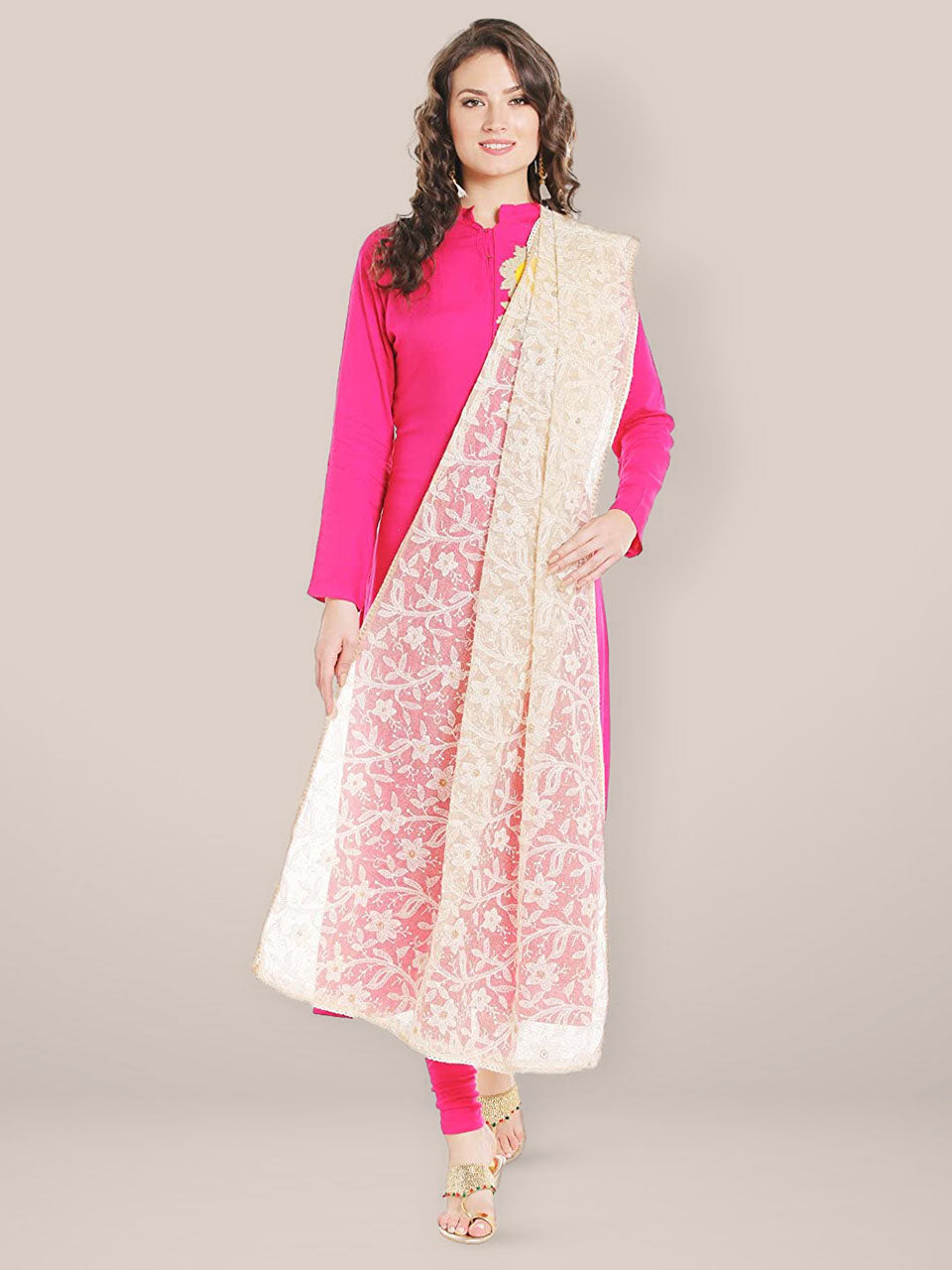 Ivory Cotton dupatta with Lucknowi Embroidery freeshipping - Dupatta Bazaar