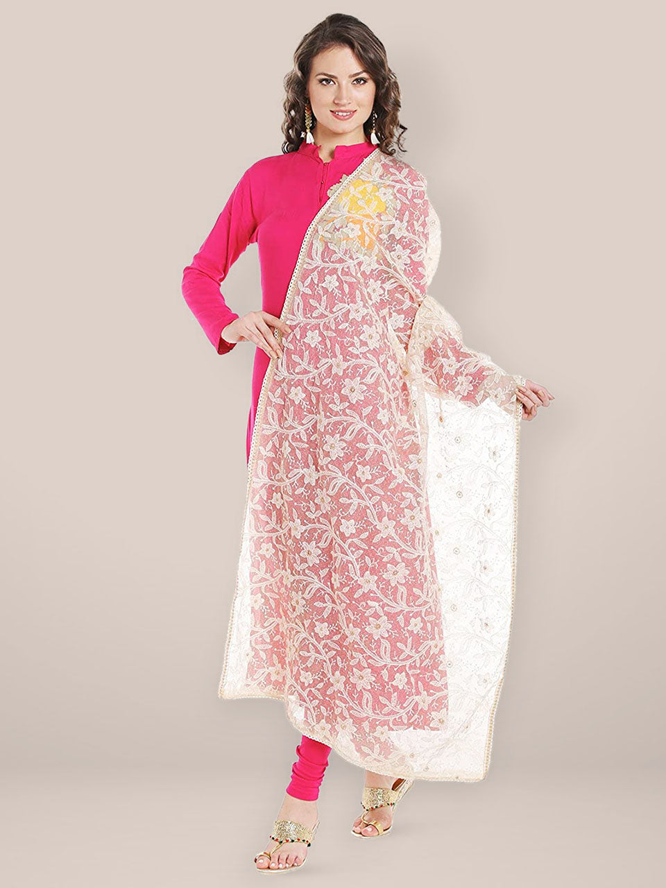 Ivory Cotton dupatta with Lucknowi Embroidery freeshipping - Dupatta Bazaar