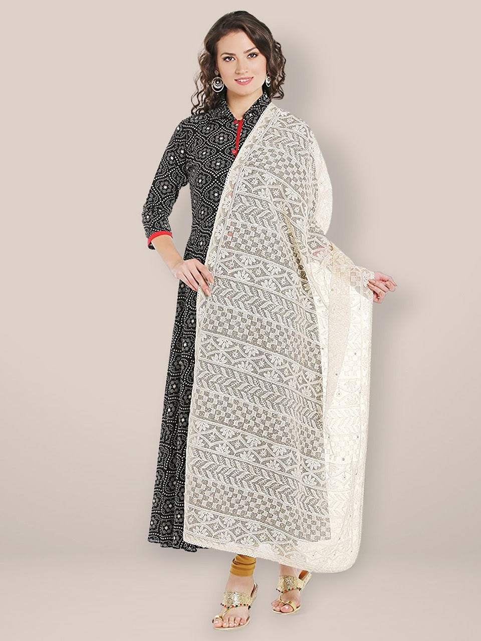 Off White Cotton  Lucknowi Dupatta freeshipping - Dupatta Bazaar