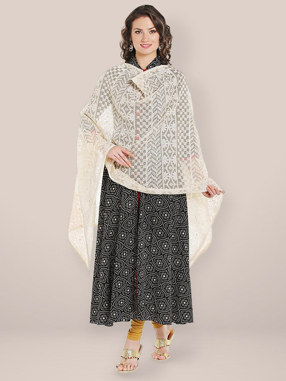 Off White Cotton  Lucknowi Dupatta freeshipping - Dupatta Bazaar