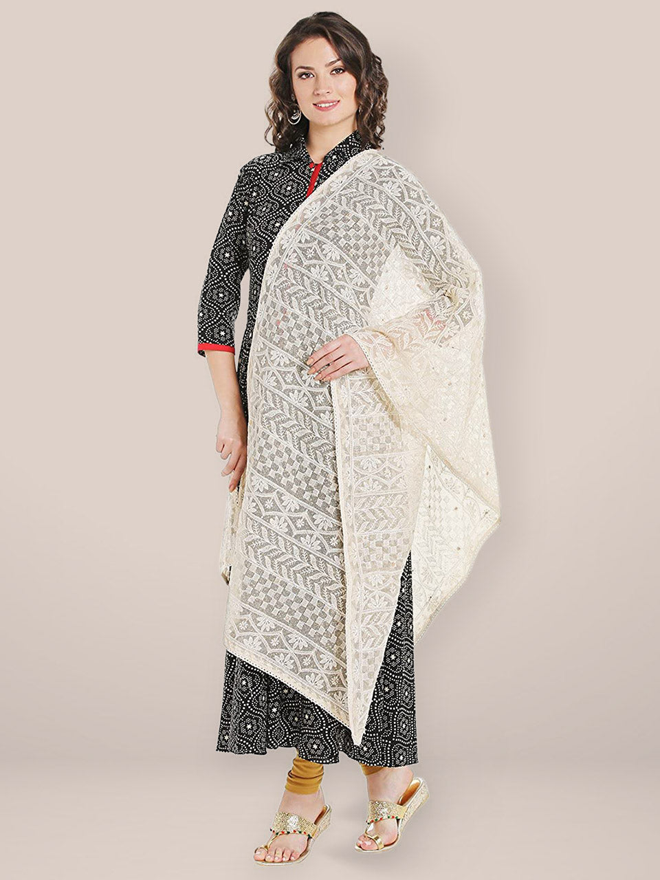 Off White Cotton  Lucknowi Dupatta freeshipping - Dupatta Bazaar
