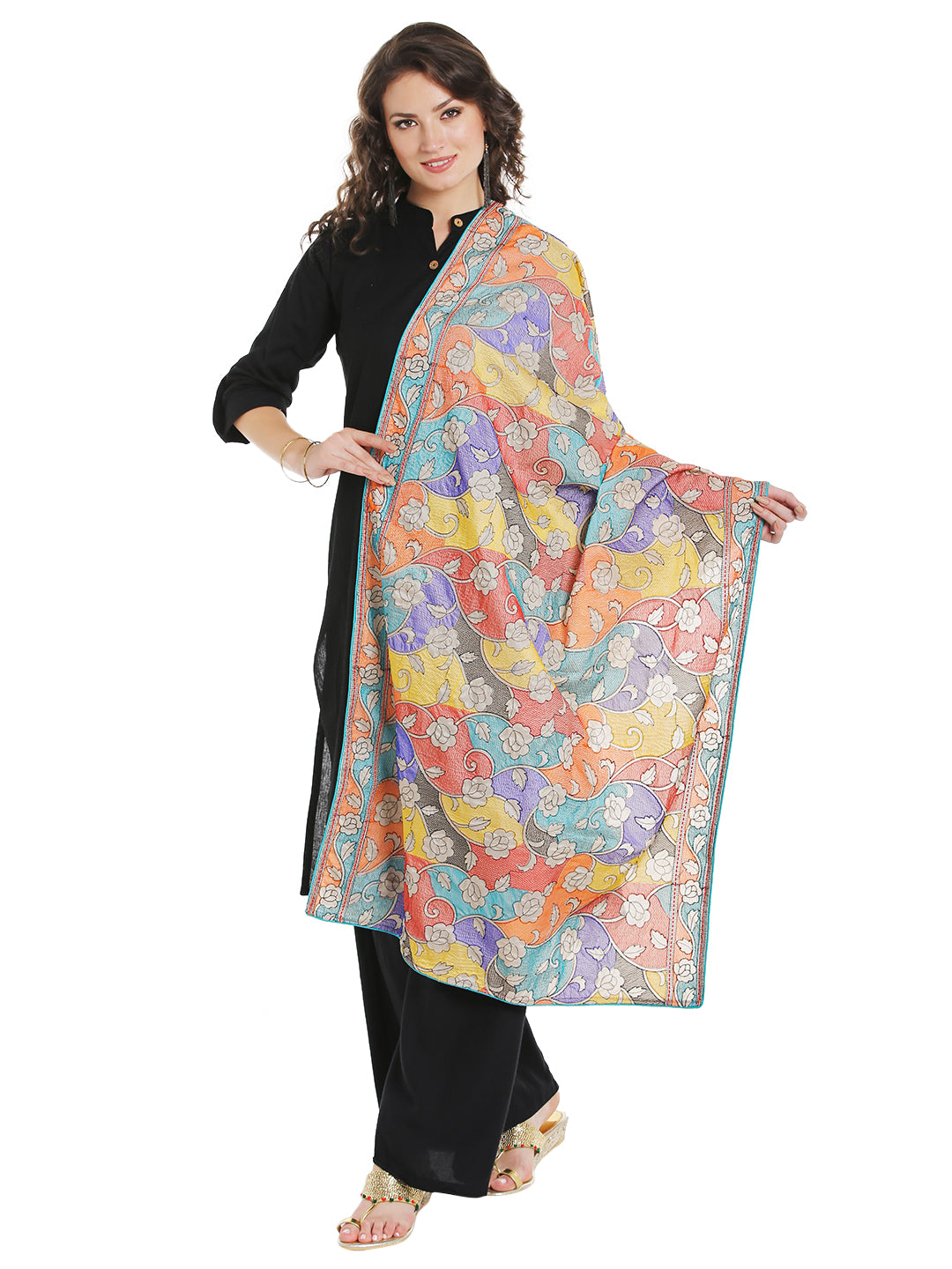 Dupatta Bazaar Women's Multicoloured Silk dupatta with all over Katha Embroidery - Dupatta Bazaar