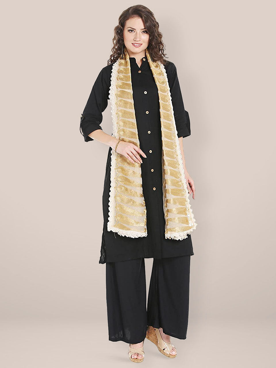 Ivory Cotton dupatta with Golden Paisley Embroidery freeshipping - Dupatta Bazaar