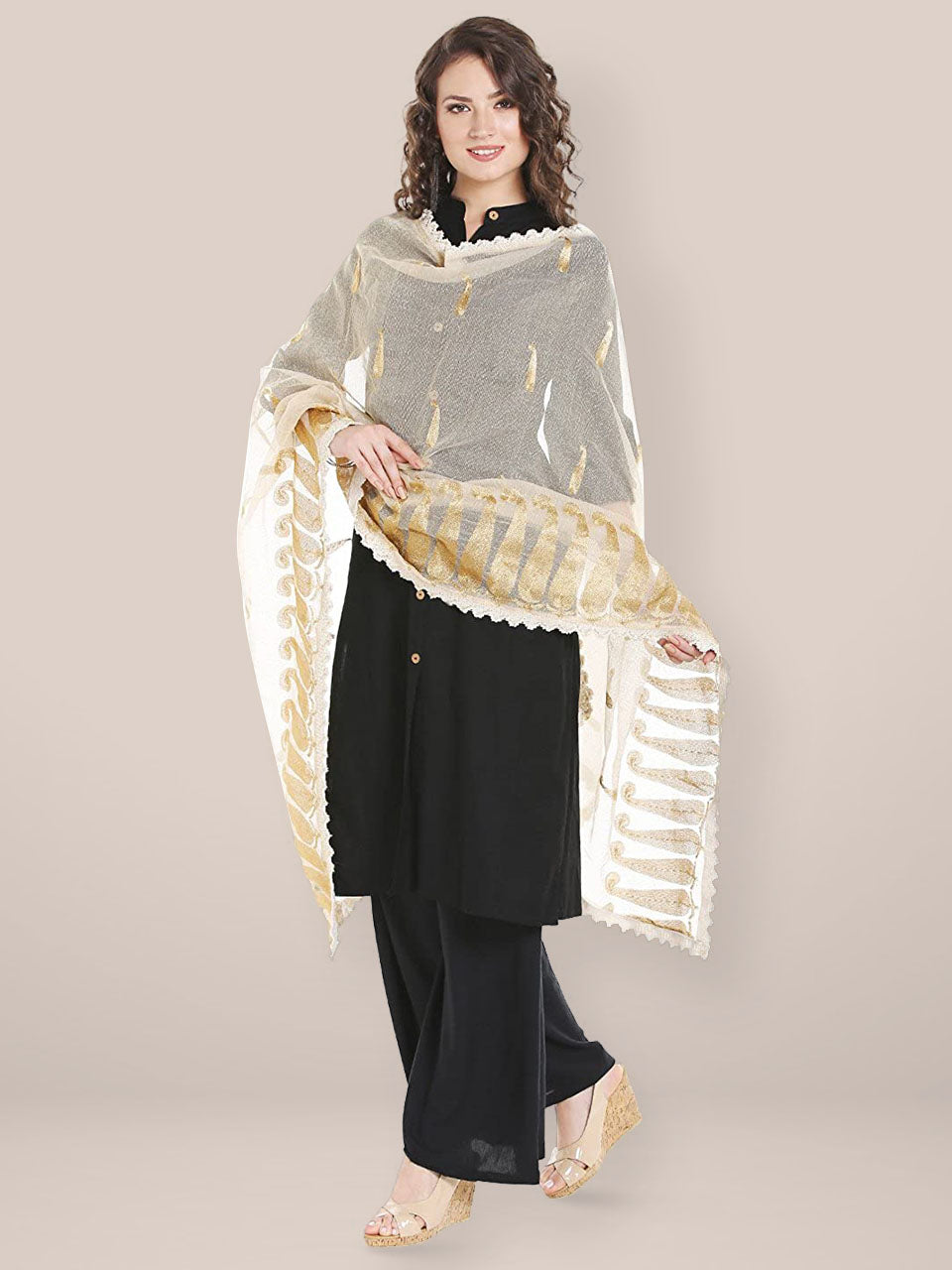 Ivory Cotton dupatta with Golden Paisley Embroidery freeshipping - Dupatta Bazaar