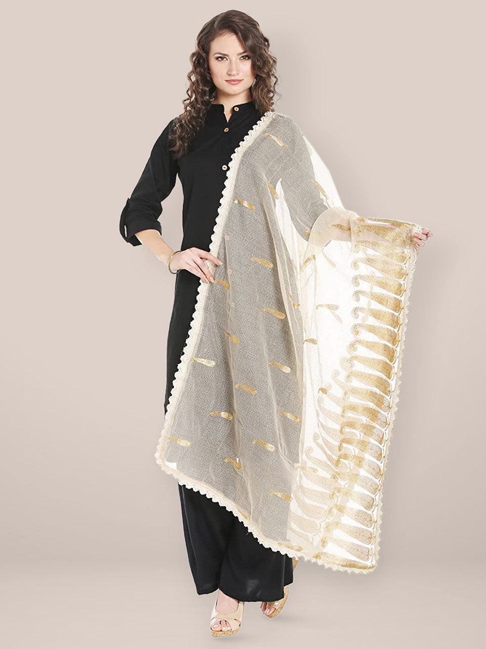 Ivory Cotton dupatta with Golden Paisley Embroidery freeshipping - Dupatta Bazaar