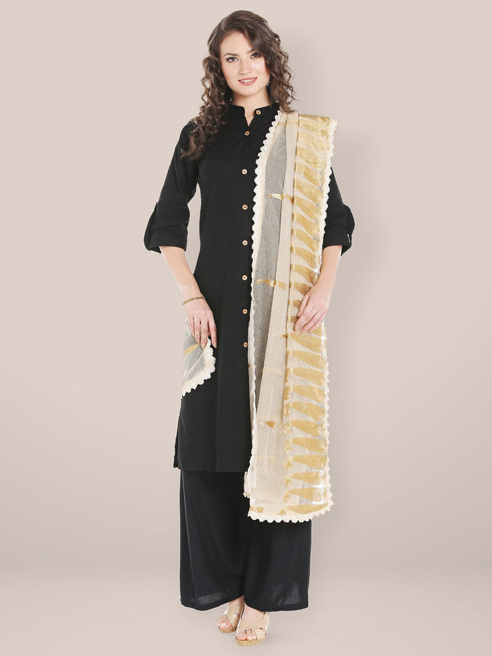 Ivory Cotton dupatta with Golden Paisley Embroidery freeshipping - Dupatta Bazaar