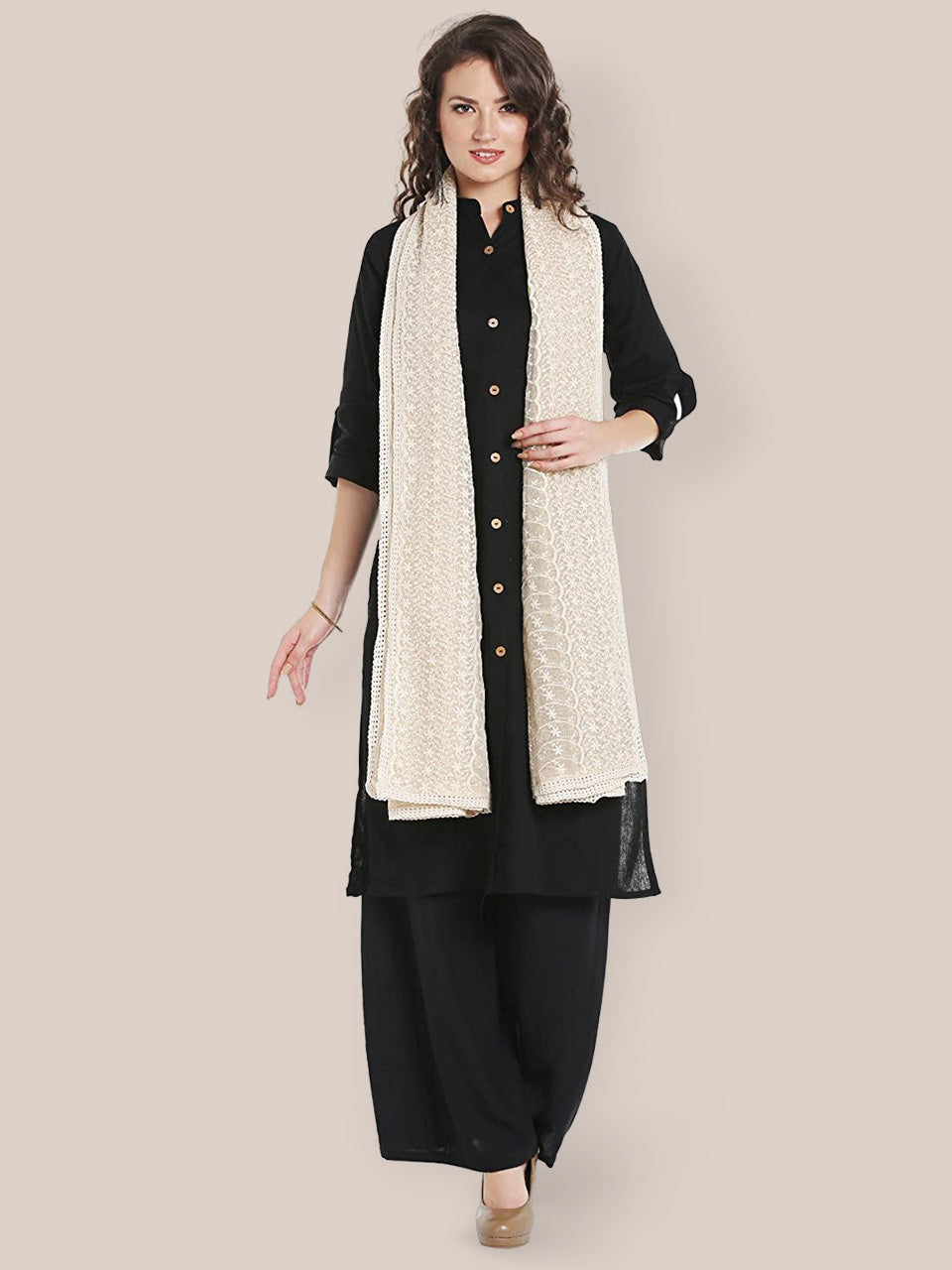Off White Cotton dupatta with all over Embroidery freeshipping - Dupatta Bazaar