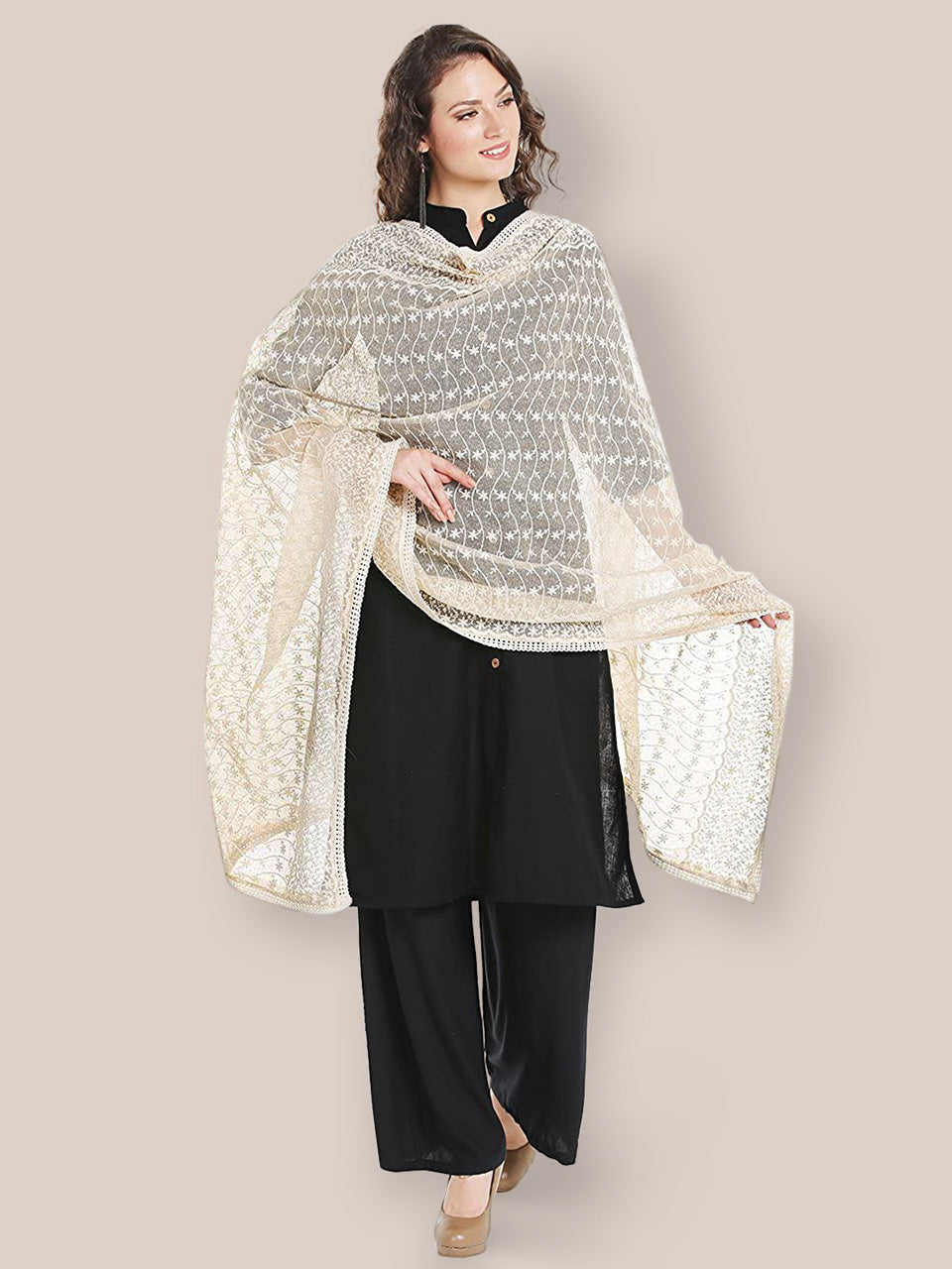 Off White Cotton dupatta with all over Embroidery freeshipping - Dupatta Bazaar