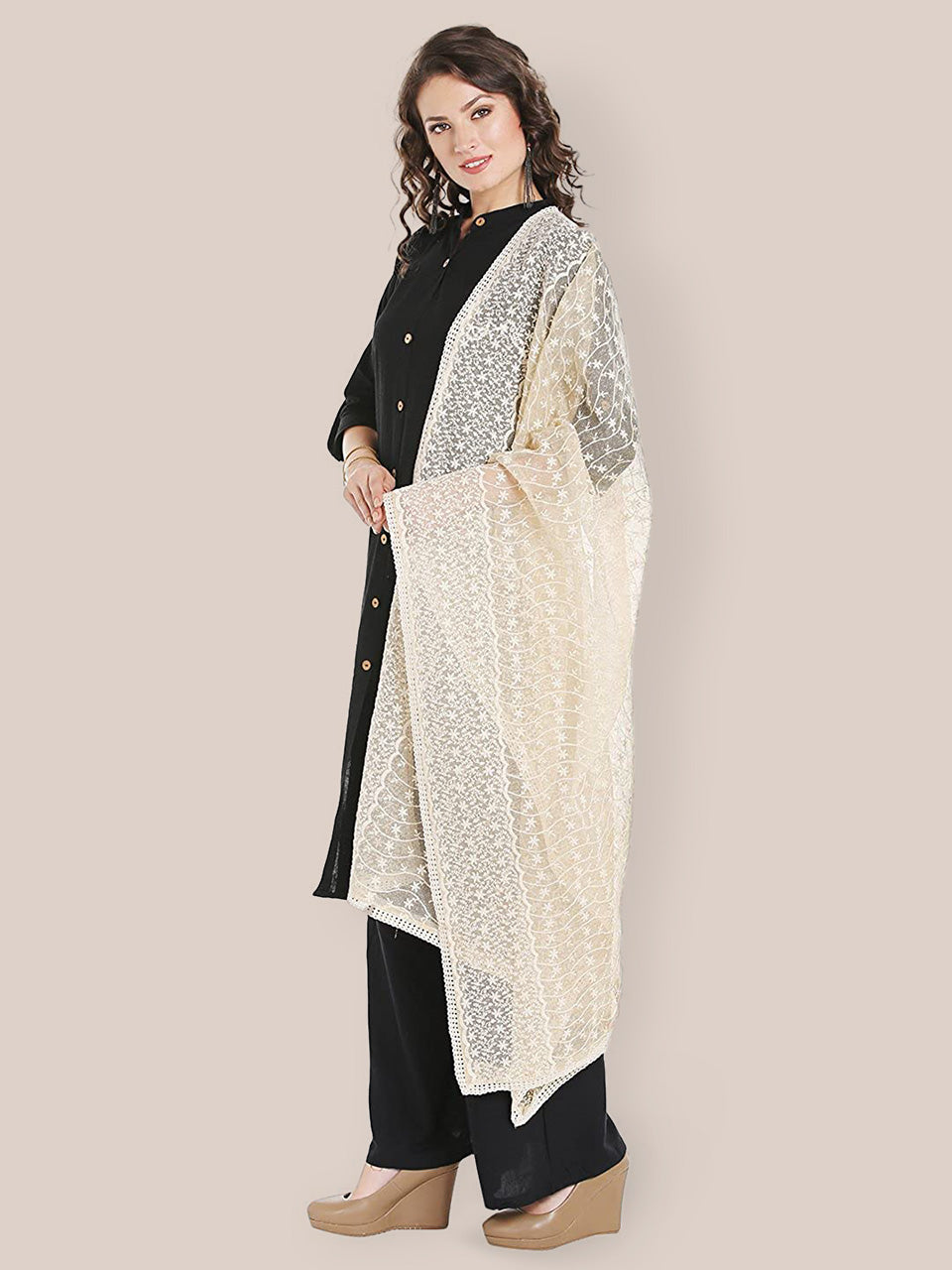Off White Cotton dupatta with all over Embroidery freeshipping - Dupatta Bazaar