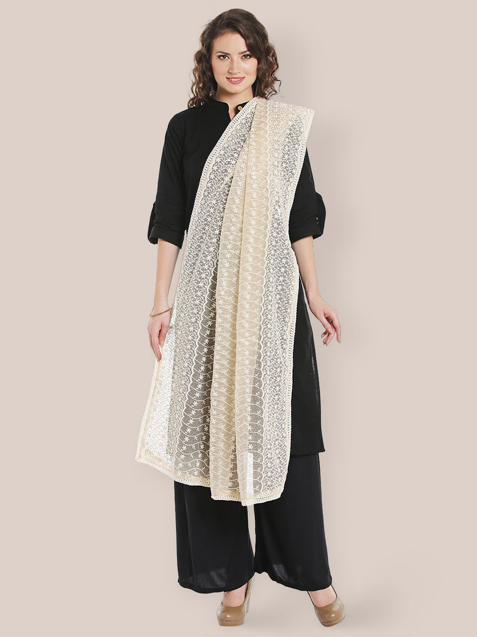 Off White Cotton dupatta with all over Embroidery freeshipping - Dupatta Bazaar