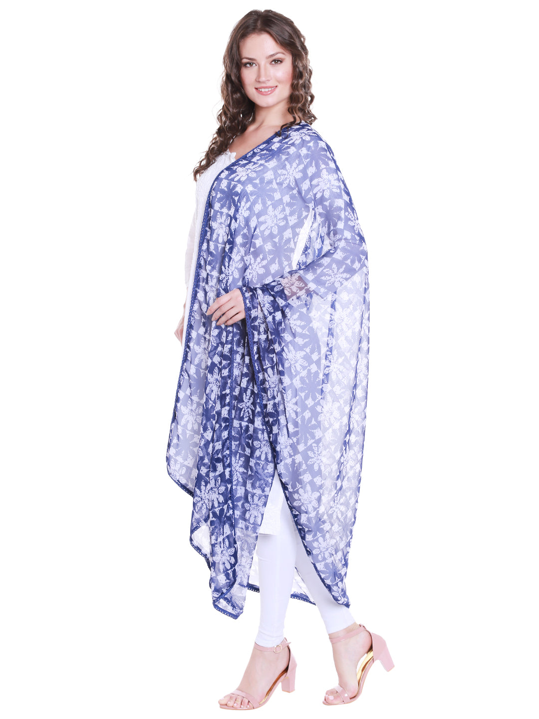 Dupatta Bazaar Women's Blue & White Chiffon Dupatta with lace. - Dupatta Bazaar