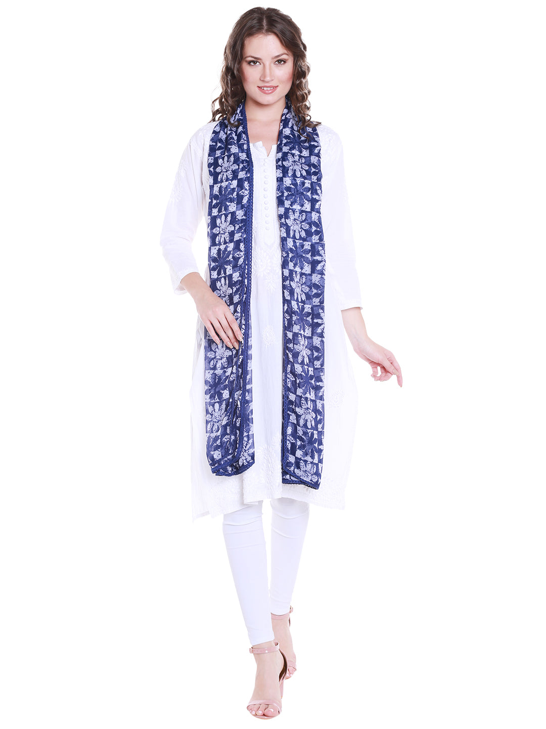 Dupatta Bazaar Women's Blue & White Chiffon Dupatta with lace. - Dupatta Bazaar