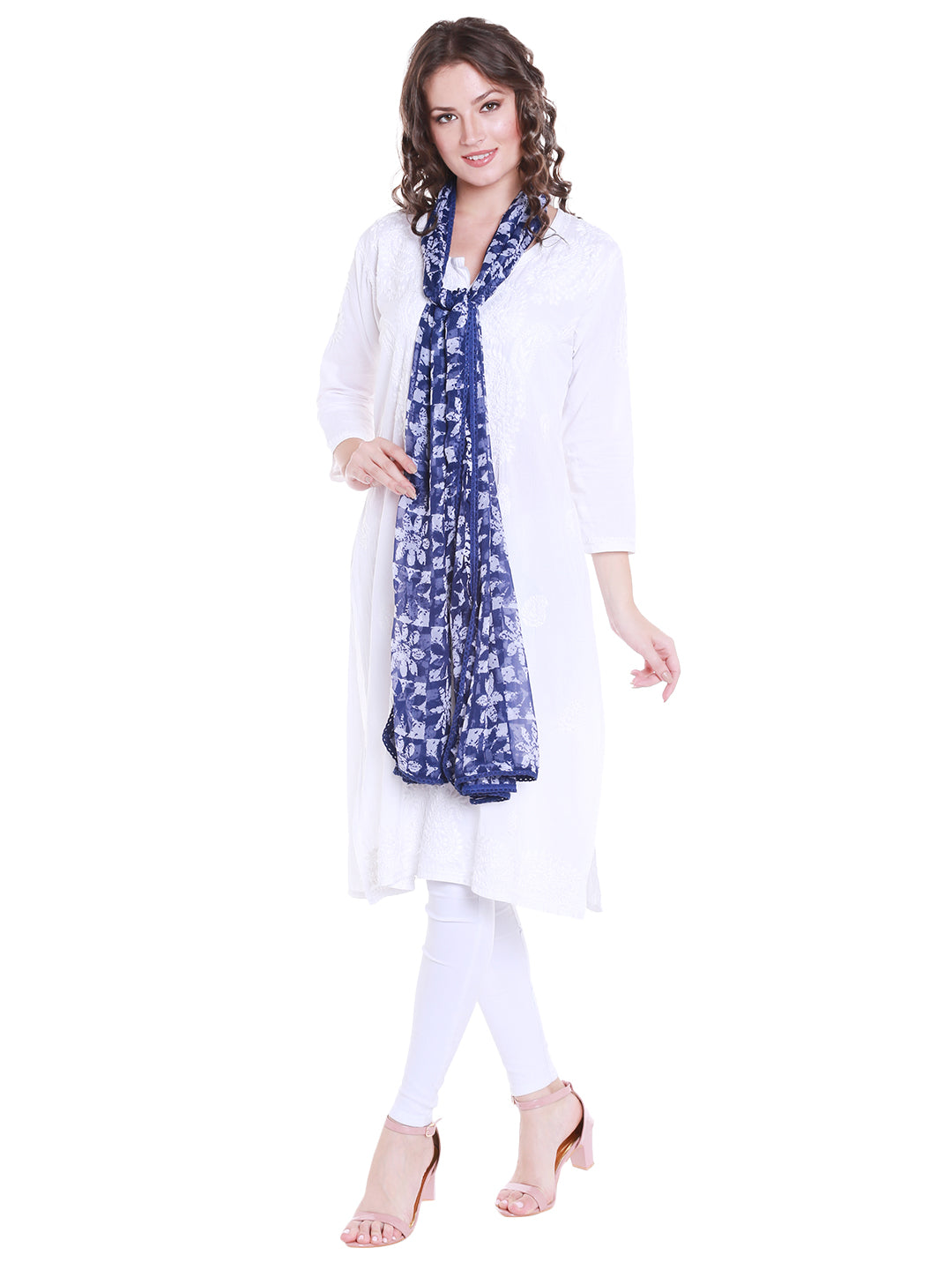 Dupatta Bazaar Women's Blue & White Chiffon Dupatta with lace. - Dupatta Bazaar
