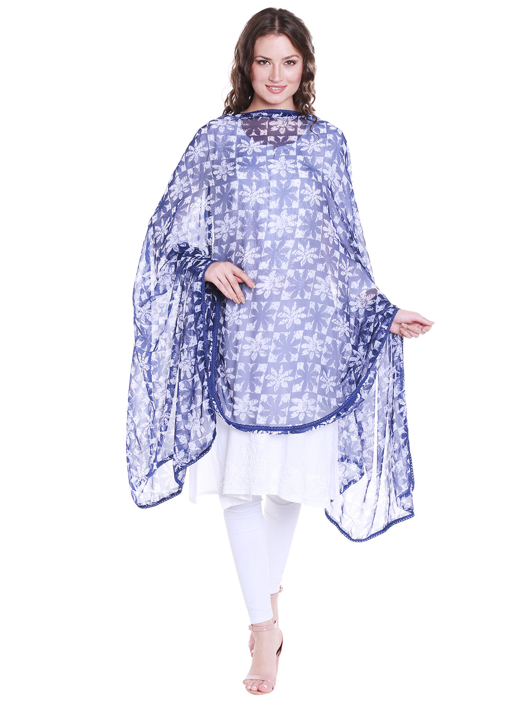 Dupatta Bazaar Women's Blue & White Chiffon Dupatta with lace. - Dupatta Bazaar