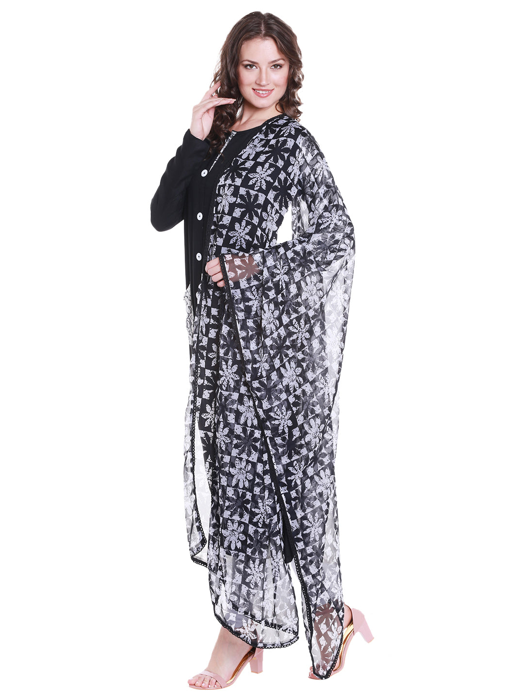 Dupatta Bazaar Women's Black & White Chiffon Dupatta with lace. - Dupatta Bazaar
