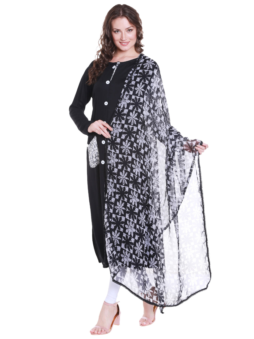 Dupatta Bazaar Women's Black & White Chiffon Dupatta with lace. - Dupatta Bazaar