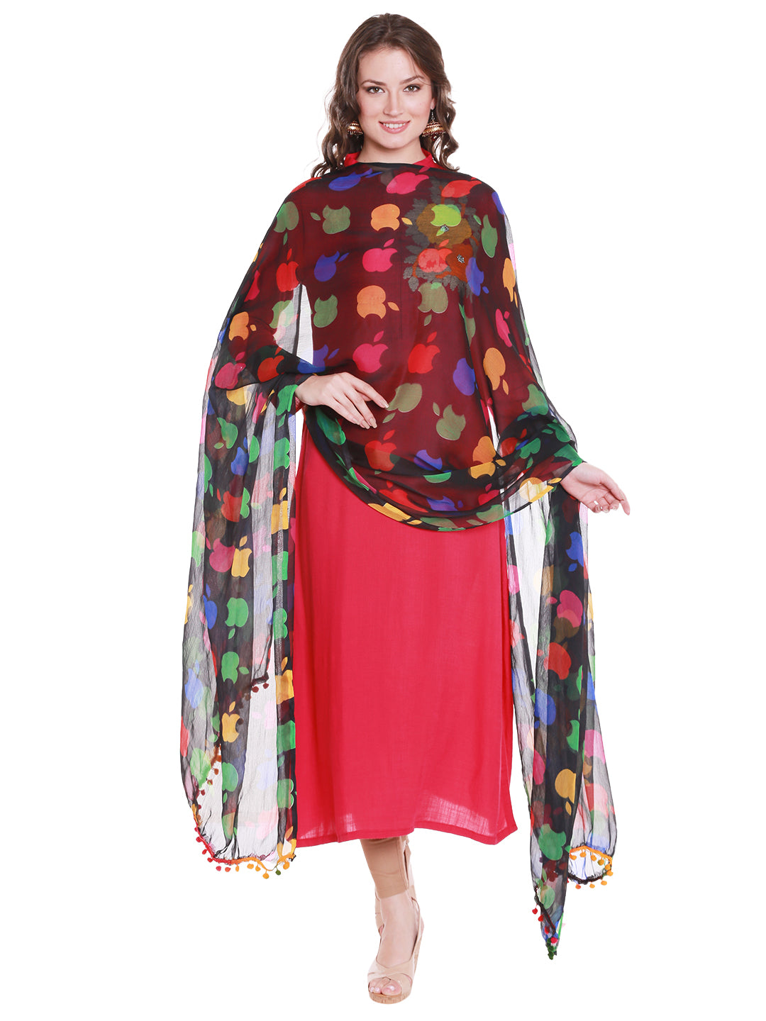 Dupatta Bazaar Women's Black Chiffon Dupatta with Multicoloured print. - Dupatta Bazaar