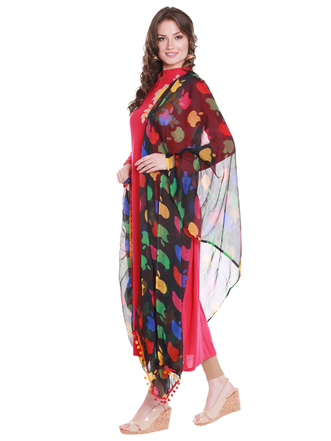 Dupatta Bazaar Women's Black Chiffon Dupatta with Multicoloured print. - Dupatta Bazaar