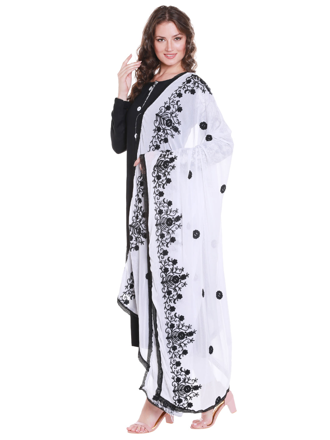 Dupatta Bazaar Women's White Chiffon Dupatta with black embroidery. - Dupatta Bazaar