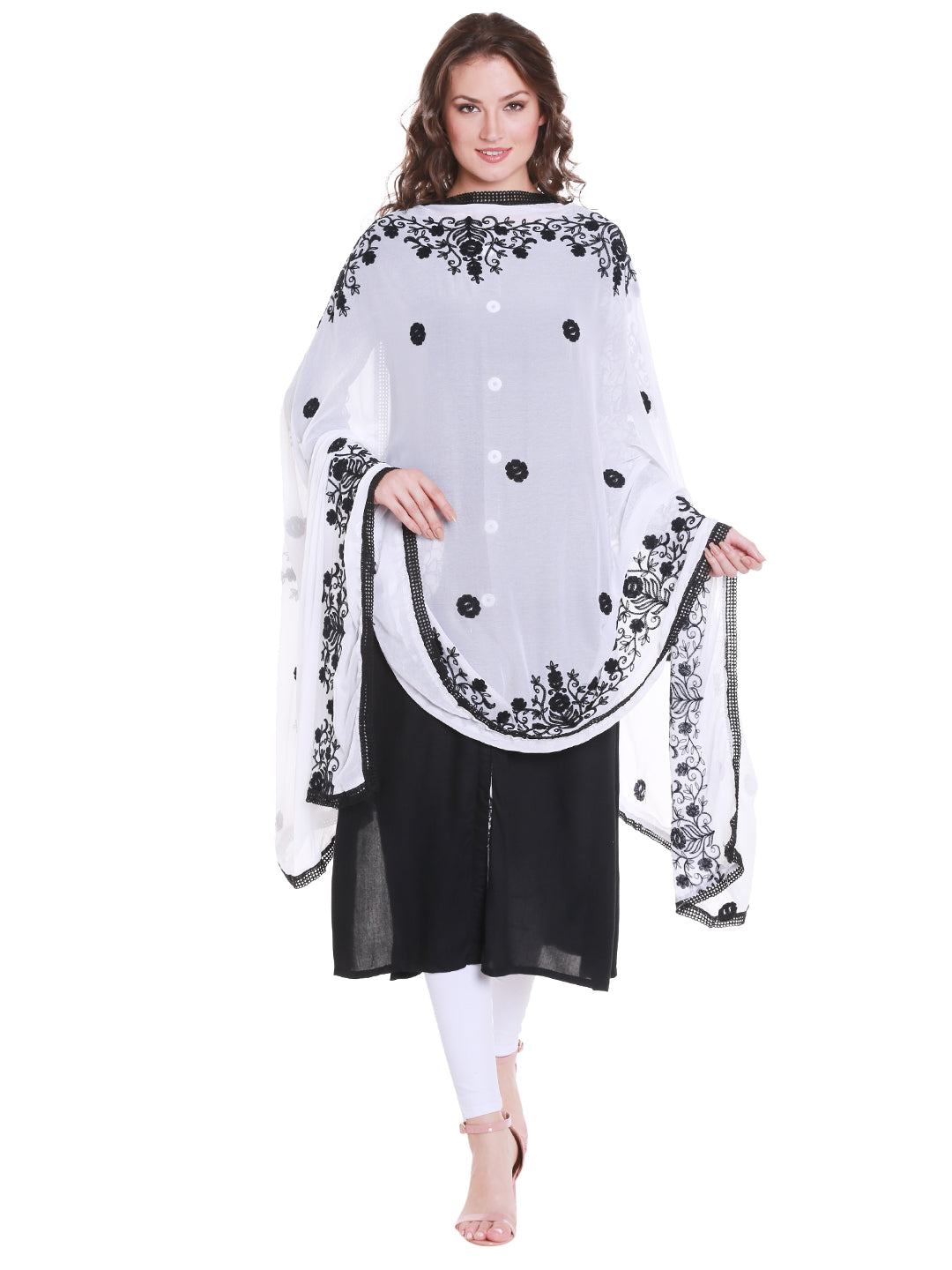 Dupatta Bazaar Women's White Chiffon Dupatta with black embroidery. - Dupatta Bazaar